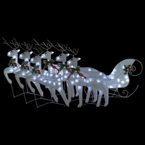 Коледна украса елен и шейна, 140 LED, за открито, бяло