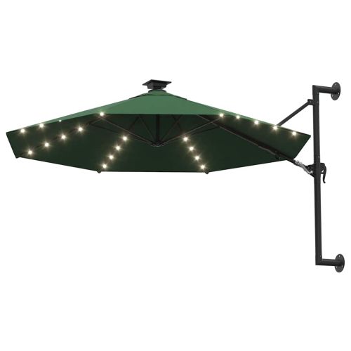 Градински чадър за монтаж на стена, с LED, 300 см, зелен