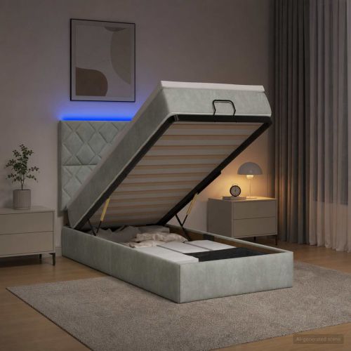 Отоман с матрак и LED с LED ленти Светлосиво 90 x 200 cm Кадифе