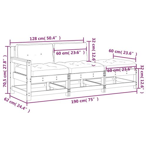 Градински лаундж комплект 3 части с възглавници импрегниран бор