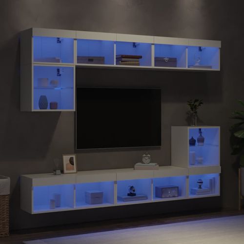 ТВ стенни модули с LED, 8 части, бели, инженерно дърво