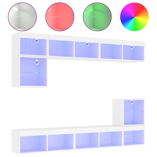 ТВ стенни модули с LED, 8 части, бели, инженерно дърво