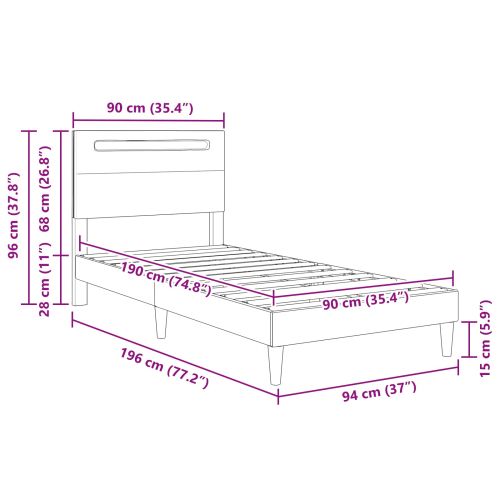 Рамка за легло с LED ленти Сиво 90 x 190 cm Изкуствена