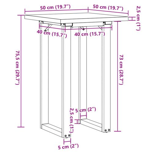 Трапезна маса О-образна рамка 50x50x75,5 см бор масив и стомана
