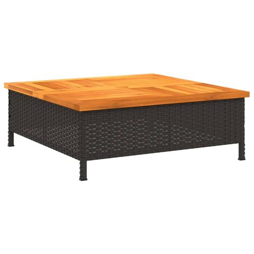 Градинска маса, черна, 70x70x25 см, ратан и акациево дърво