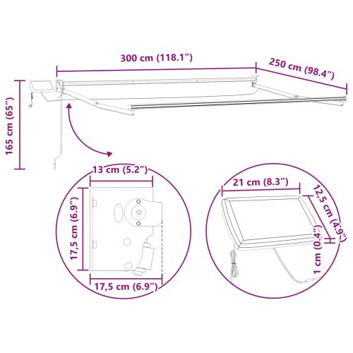 Manual Awning Frame with Solar LED 3 x 2,5 m Бяло