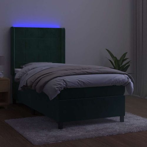 Боксспринг легло с матрак и LED, тъмнозелено, 100x200см, кадифе