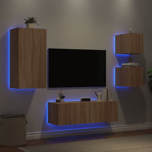 ТВ стенни шкафове, 4 части, с LED светлини, сонома дъб