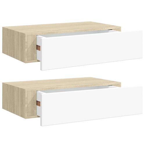 Стенни рафтове с чекмеджета 2 бр дъб и бял 40x23,5x10 см МДФ