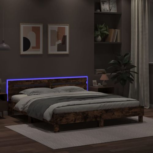 Рамка за легло с табла и LED, опушен дъб, 200x200 см