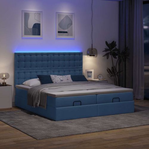 Османска легло с матрак и LED, синьо, 200x200 см, плат
