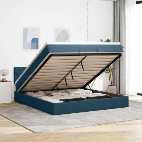 Османска легло с матрак и LED, тъмносиньо, 180x200 см, кадифе