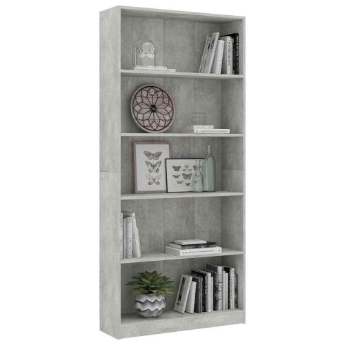 5-етажна библиотека, бетонно сив, 80x24x175 см, инженерно дърво