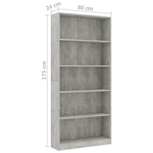 5-етажна библиотека, бетонно сив, 80x24x175 см, инженерно дърво
