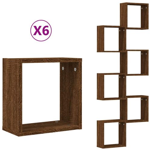Стенни кубични рафтове 6 бр., кафяв дъб 30x15x30 cm