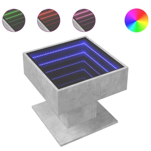 Маса за кафе с LED, бетонно сива, 50x50x45 см, инженерно дърво