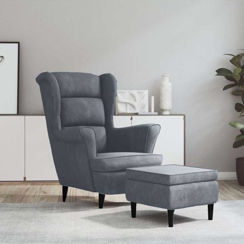 Фотьойл Wingback с табуретка, тъмносив, кадифе