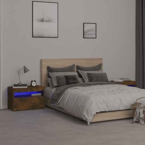Нощни шкафчета, 2 бр, с LED осветление, опушен дъб, 60x35x40 см
