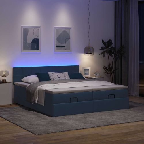 Османска легло с матрак и LED, синьо, 200x200 см, плат