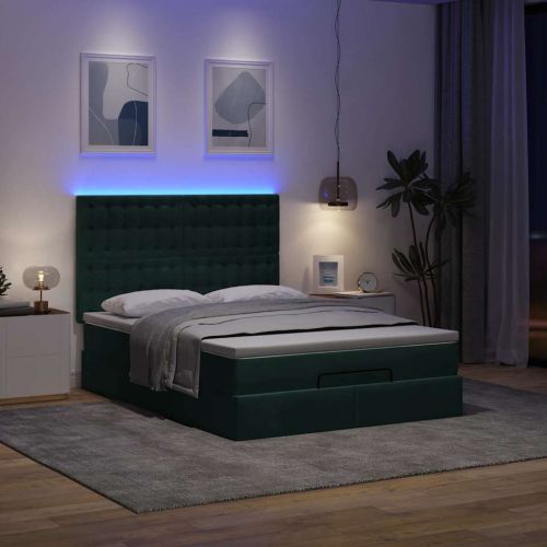 Османска легло с матраци и LED, тъмнозелено, 140x200 см, кадифе