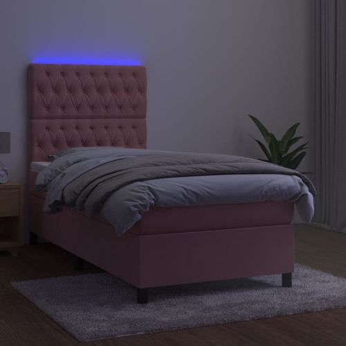 Боксспринг легло с матрак и LED, розово, 90x200 см, кадифе