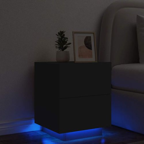 Нощно шкафче с LED осветление, черно, инженерно дърво