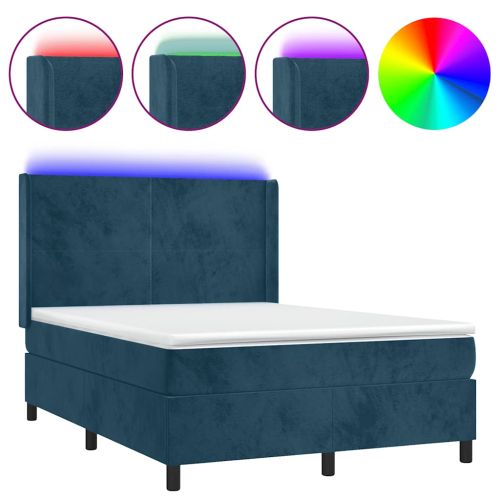 Боксспринг легло с матрак и LED, тъмносиньо, 140x190 см, кадифе