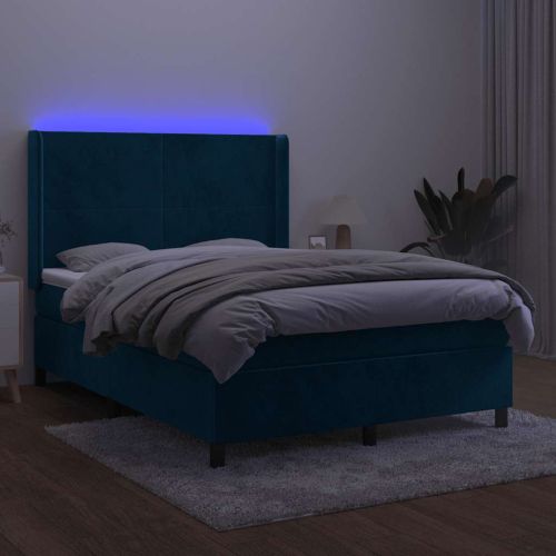 Боксспринг легло с матрак и LED, тъмносиньо, 140x190 см, кадифе
