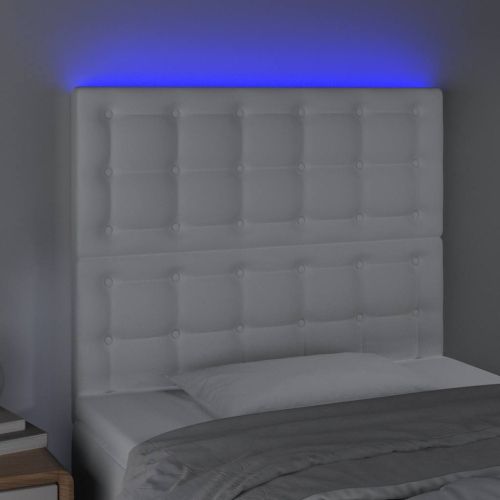 LED горна табла за легло, бяла, 90x5x118/128 см изкуствена кожа