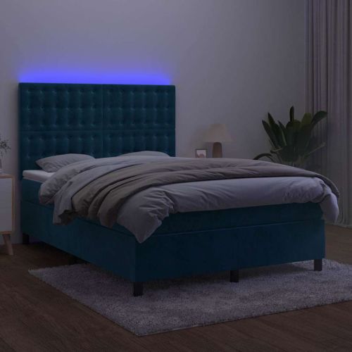 Боксспринг легло с матрак и LED, тъмносиньо, 140x200 см, кадифе