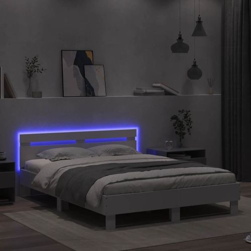Рамка за легло с табла и LED, бяла, 150x200 см