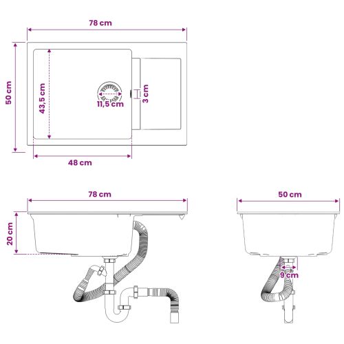 Кухненска мивка с едно корито Гранит 78 x 50 x 20 см Графит