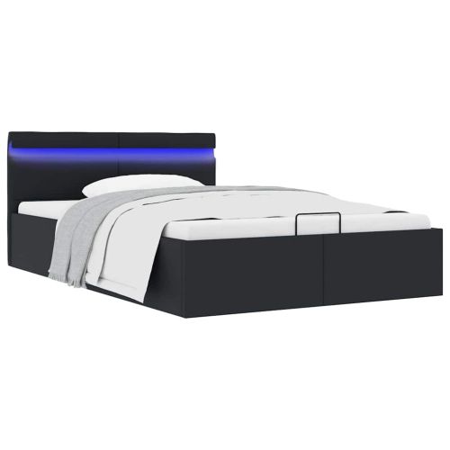 Легло с повдигащ механизъм и LED черно еко кожа 140x200 cм