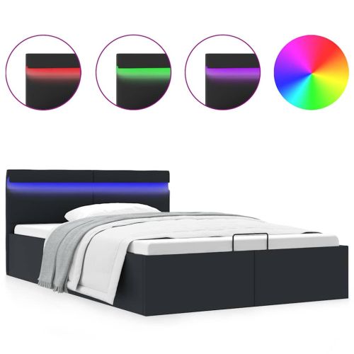 Легло с повдигащ механизъм и LED черно еко кожа 140x200 cм