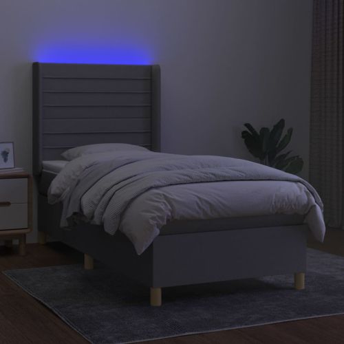 Боксспринг легло с матрак и LED, светлосиво, 90x200 см, плат