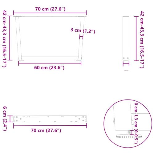 Крака за масичка за кафе, V-образни, 2 бр., естествена стомана, 70 x (42-43,3) см, стомана