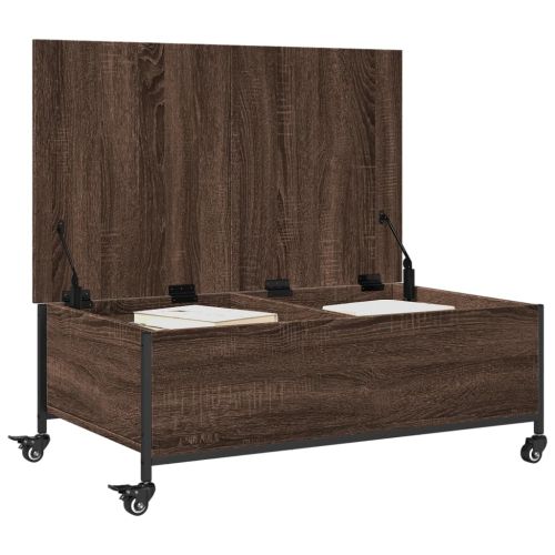 Маса за кафе с колелца кафяв дъб 91x55x34 см инженерно дърво