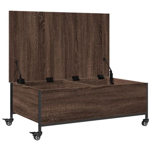 Маса за кафе с колелца кафяв дъб 91x55x34 см инженерно дърво