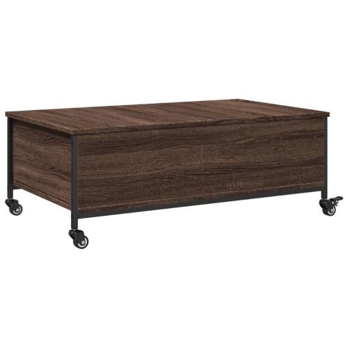 Маса за кафе с колелца кафяв дъб 91x55x34 см инженерно дърво