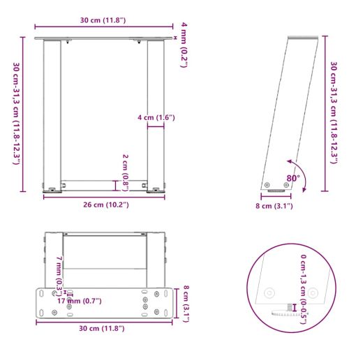 Крака за масичка за кафе, U-образни, 2 бр., естествена стомана, 30 x (30-31) см, стомана