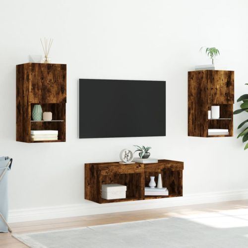 ТВ стенни шкафове, 4 части, с LED светлини, опушен дъб