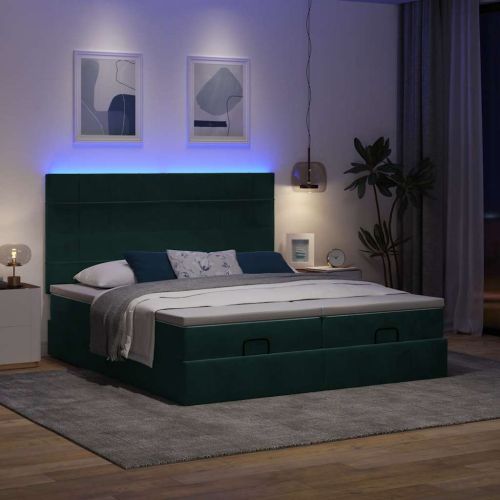 Османска легло с матраци и LED, тъмнозелено, 180x200 см, кадифе