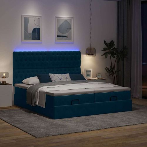 Османска легло с матраци и LED, тъмносиньо, 160x200 см, кадифе