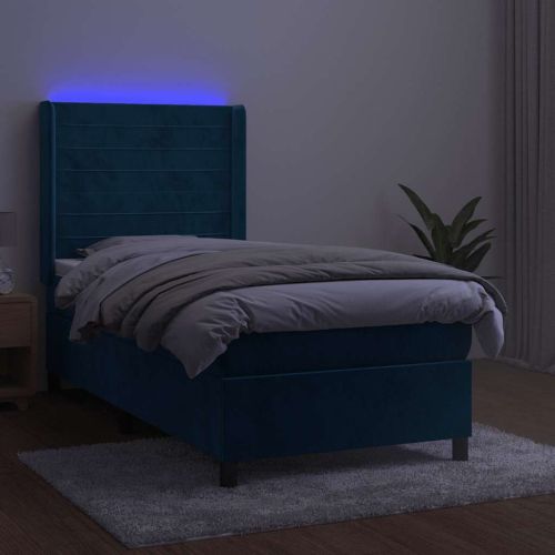Боксспринг легло с матрак и LED, тъмносиньо, 90x200 см, кадифе