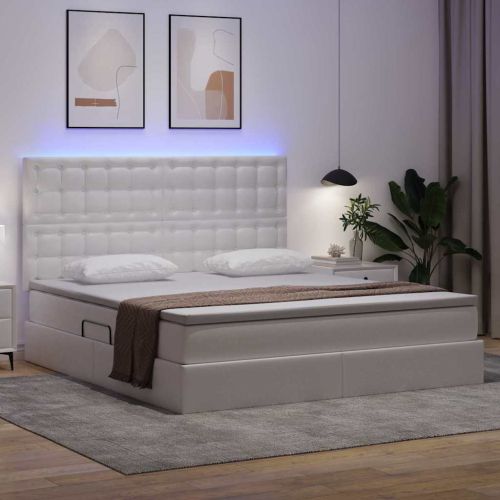 Легло с място за съхранение и LED Чисто бяло 160 x 200 cm