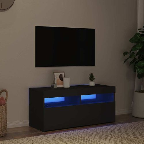 ТВ шкаф с LED осветление, черен, 90x35x40 см
