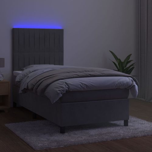 Боксспринг легло с матрак и LED, светлосиво, 100x200 см, кадифе