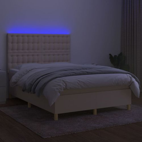 Боксспринг легло с матрак и LED, кремаво, 140x200 см, плат