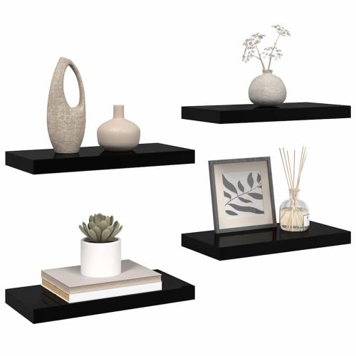 Окачени стенни рафтове, 4 бр, черен гланц, 50x23,5x3,8 см, МДФ