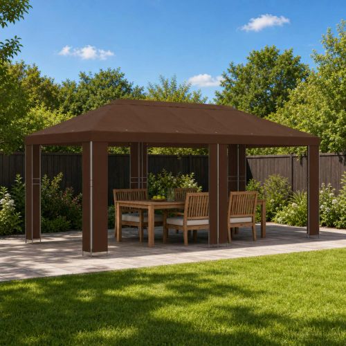 Градинска беседка 6 x 3 m Кафяво Полиестер и стомана 190 gsm